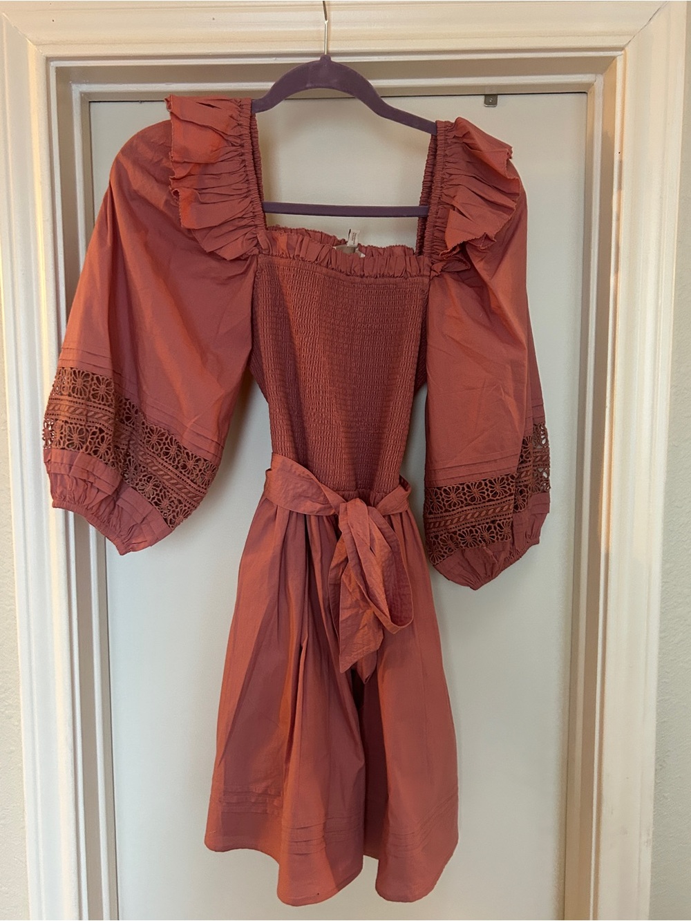 Cleobella Rust Red Mini Dress with Puff Sleeves